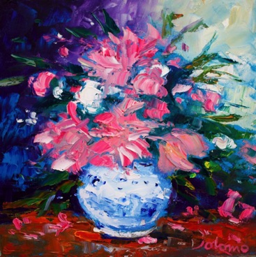 Pink blossoms in a Chinese bowl 16x16
